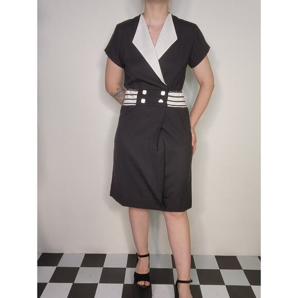 50s Vtg Kevin Stuart Petite Black White Mod Midi Business Collared Dress Sz Sm - Picture 3 of 10
